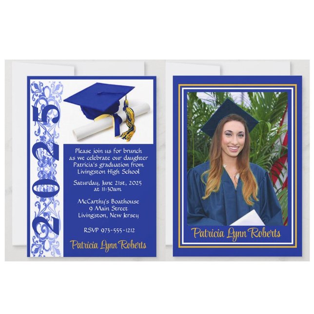 Invitation Casquette & Diplôme Photo Royal Blue & Gold Gradua (Graduation invitations with photos and a cap and diploma design!)