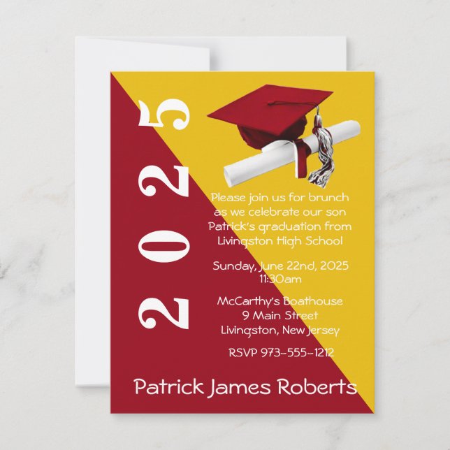 Invitation Casquette & Diplôme, Red & Gold Graduation (Devant)