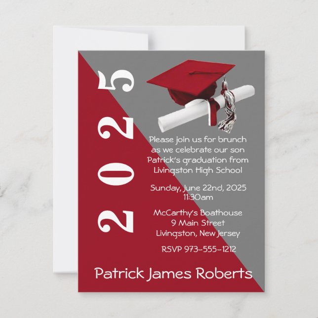 Invitation Casquette & Diplôme, Rouge & Grey Graduation (Devant)