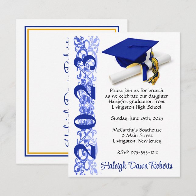 Invitation Casquette & Diplôme, Royal Blue & Gold Graduation (Devant / Derrière)