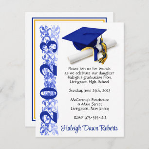 Invitation Casquette & Diplôme, Royal Blue & Gold Graduation