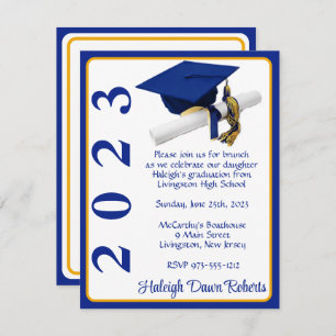 Invitation Casquette & Diplôme, Royal Blue & Gold Graduation