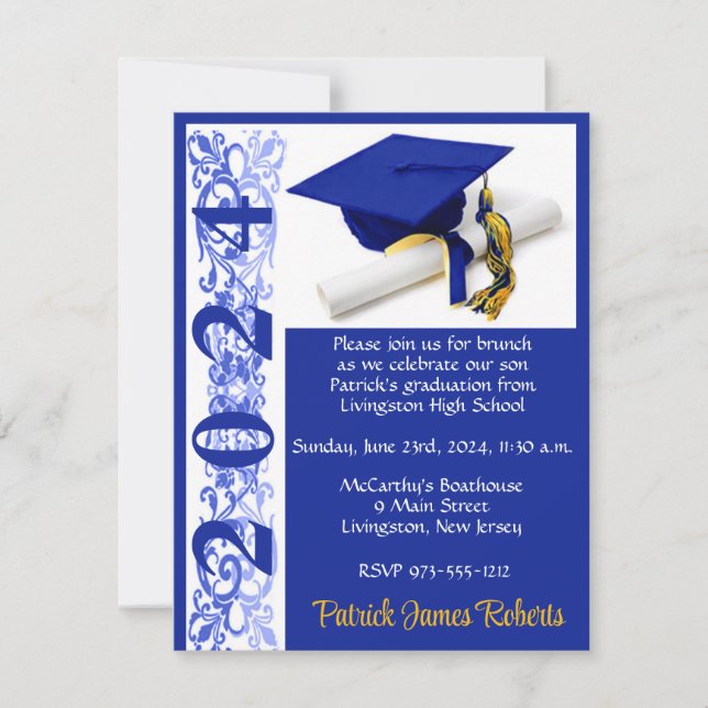 Invitation Casquette & Diplôme, Royal Blue/Gold Graduation (Devant)