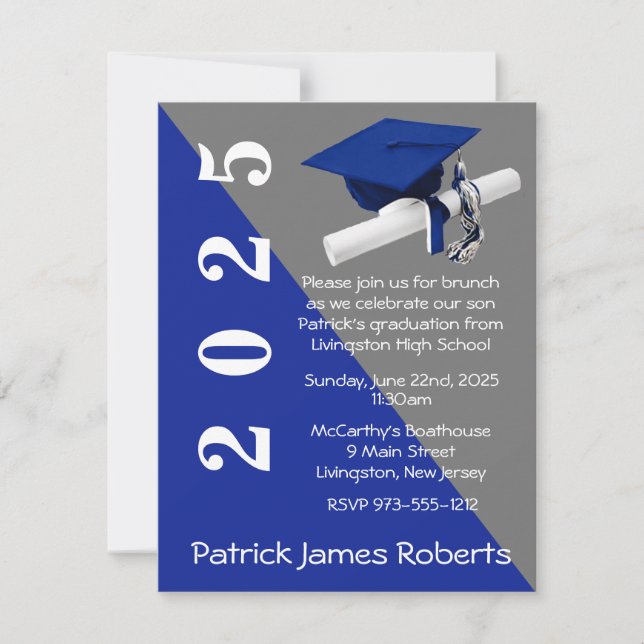 Invitation Casquette & Diplôme, Royal Blue & Grey Graduation (Devant)