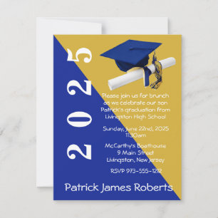 Invitation Casquette & Diplôme, Royal Blue Metallic Gold Grad