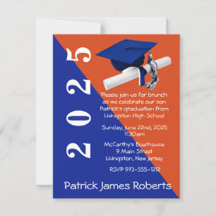 Invitation Casquette & Diplôme, Royal Blue & Orange Graduatio