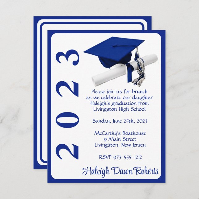 Invitation Casquette & Diplôme, Royal Blue & White Graduation (Devant / Derrière)