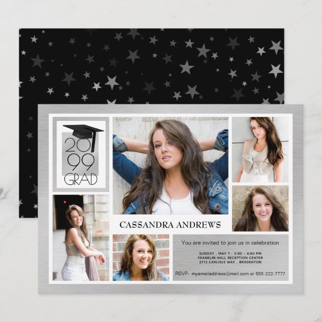 Invitation Casquette et année chic GRAD | Argent brossé | 5 p (Devant / Derrière)