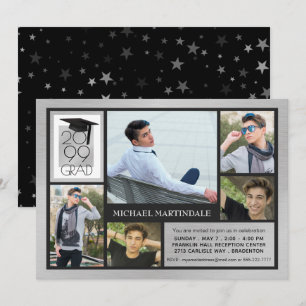 Invitation Casquette et année chic GRAD   Argent brossé   5 p
