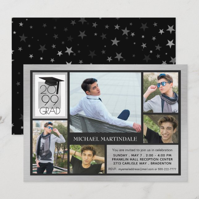 Invitation Casquette et année chic GRAD | Argent brossé | 5 p (Devant / Derrière)