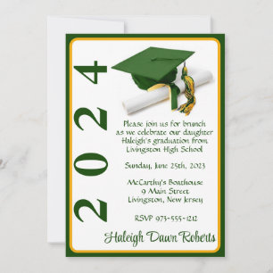 Invitation Casquette et diplôme 5x7 Green & Gold Graduation