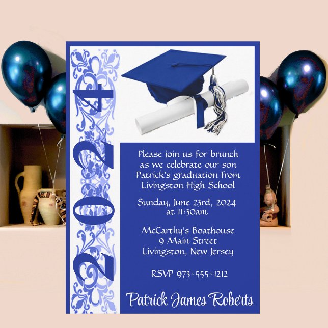 Invitation Casquette et diplôme 5x7 Royal Blue & White Gradua (Créateur téléchargé)