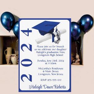 Invitation Casquette et diplôme 5x7 Royal Blue & White Gradua