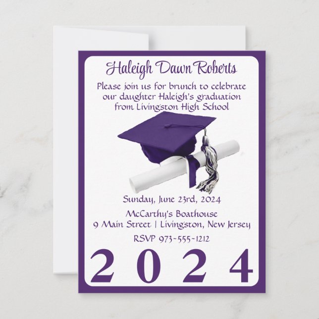 Invitation Casquette et diplôme Purple & White Graduation Par (Devant)