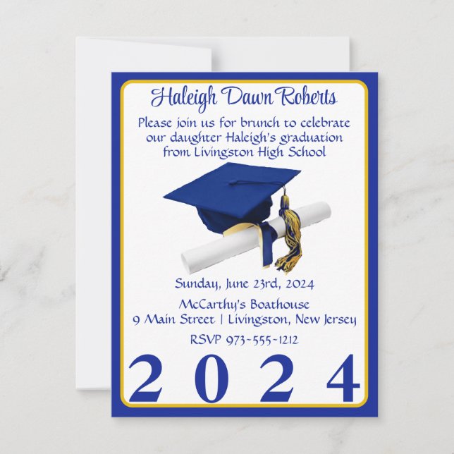 Invitation Casquette et diplôme Royal Blue & Gold Graduation  (Devant)