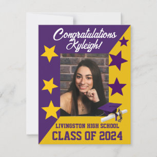 Invitation Casquette et étoiles Purple et Gold Graduation