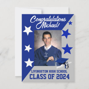 Invitation Casquette & étoiles Royal Blue and Grey Graduation