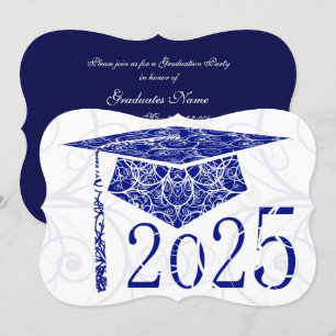 Invitation Casquette floral bleu et blanc 2025 Graduation Par