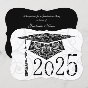 Invitation Casquette floral noir et blanc 2025 Graduation Par