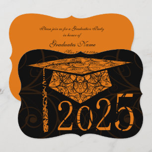 Invitation Casquette Floral orange et noir 2025 Graduation Pa