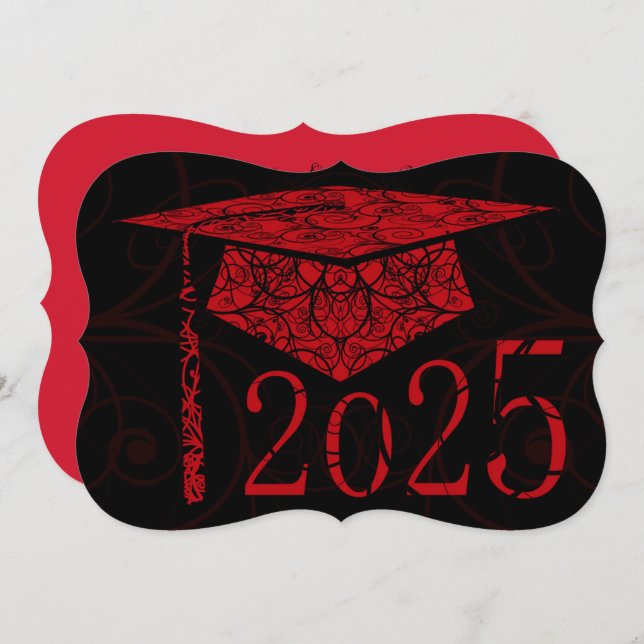 Invitation Casquette floral rouge et noir 2025 Graduation Par (Devant / Derrière)