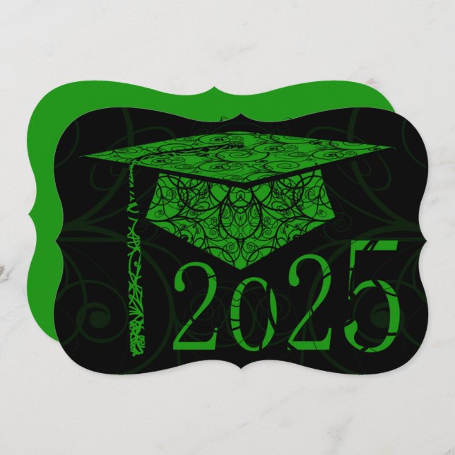 Invitation Casquette floral vert et noir 2025 Graduation Part (Devant / Derrière)