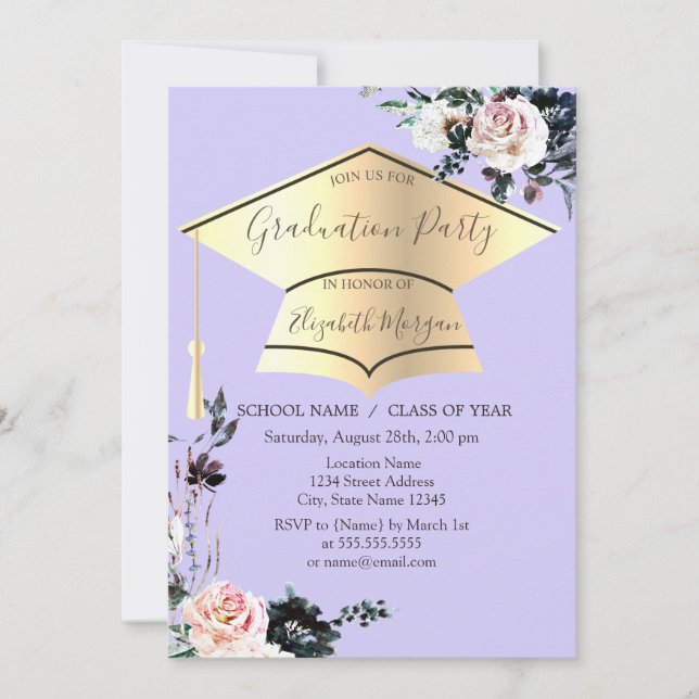 Invitation Casquette Gold Grad, Fleurs Clair Purple Graduatio (Devant)