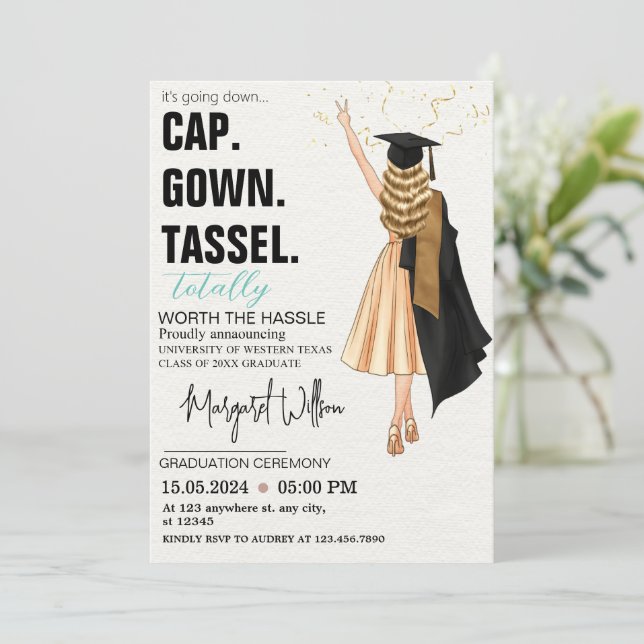 Invitation CASQUETTE GOWN TASSEL Graduation personnalisée (Debout devant)