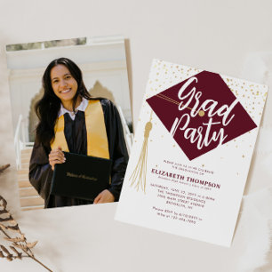 Invitation Casquette GRAD moderne Red Gold Photo Party