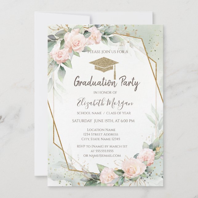 Invitation Casquette Grad Roses Roses Roses Rose Cadre Gradua (Devant)