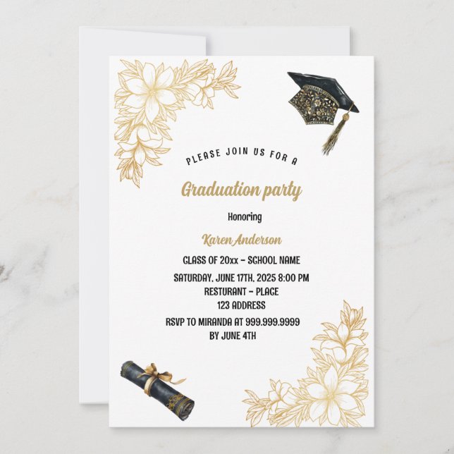 Invitation casquette Graduation party noir et or (Devant)