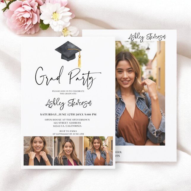 Invitation Casquette moderne blanc Simple 4 Photo Graduation  (Modern Cap white Simple 4 Photo Graduation Party Invitation)