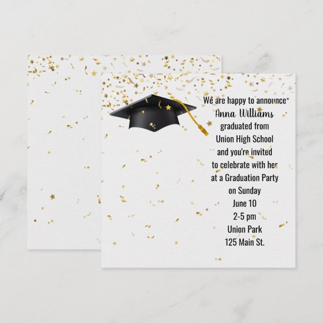 Invitation Casquette noire avec Confetti Or (Devant / Derrière)