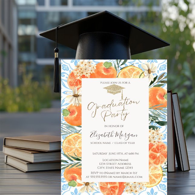 Invitation Casquette, Orange Méditerranée Bleu Graduation (Créateur téléchargé)
