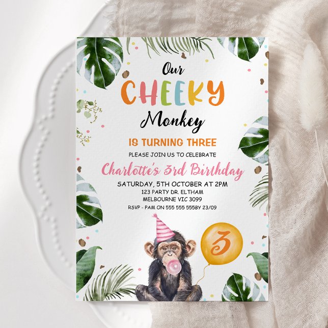 Invitation Casquette rose mignon Notre Singe Cheveux Annivers (Girls Cheeky Monkey Birthday Invitation Template, Printable Monkey Themed Birthday Invitation Girl)