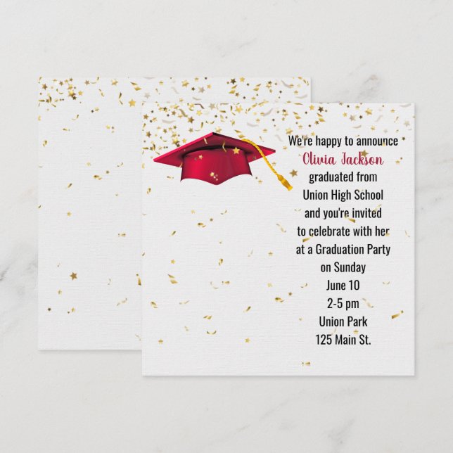 Invitation Casquette rouge avec Gold Confetti (Devant / Derrière)