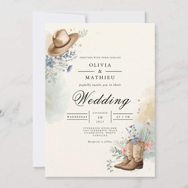 Invitation Casquette rustique Floral Romance Mariage (Devant)