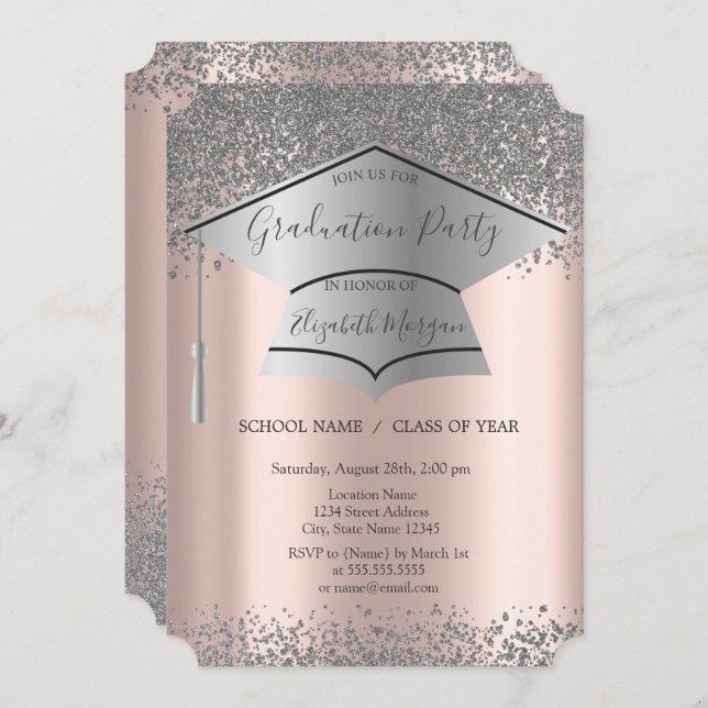 Invitation Casquette Silver Grad, Diagramme Rose Gold Graduat (Devant / Derrière)