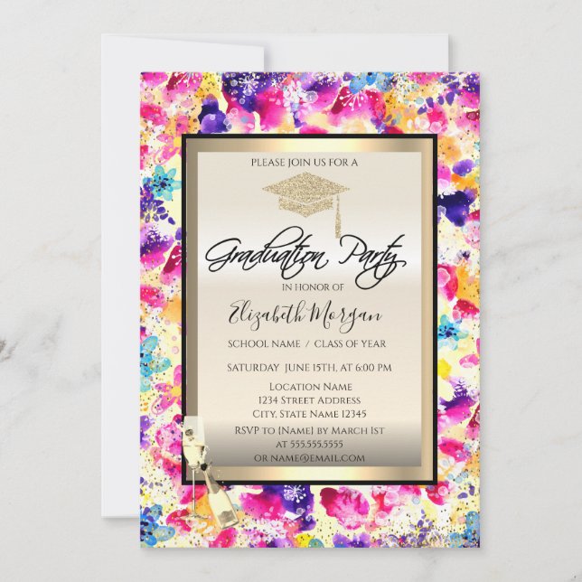 Invitation Casquette, Verre à vin, Fleurs Confetti Graduation (Devant)