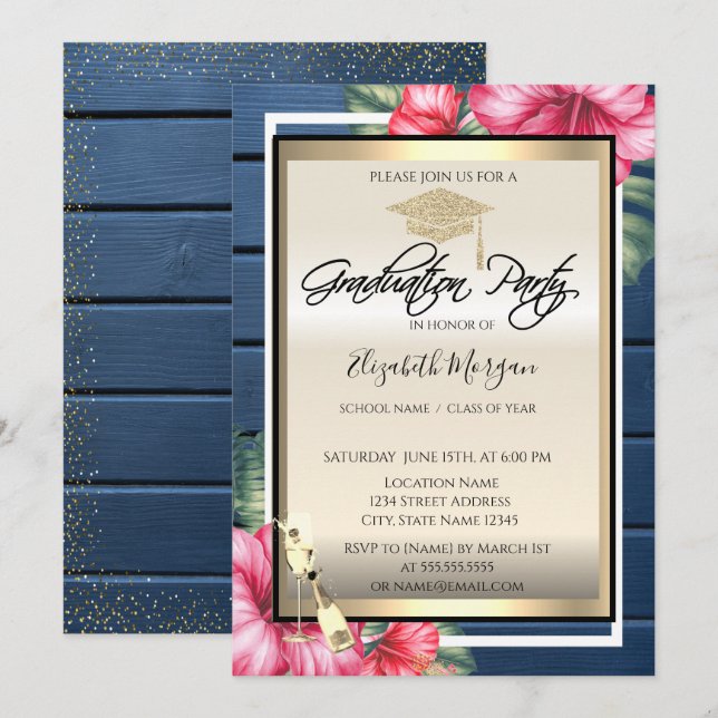 Invitation Casquette, Verre à vin, Hibiscus Bleu Bois Graduat (Devant / Derrière)