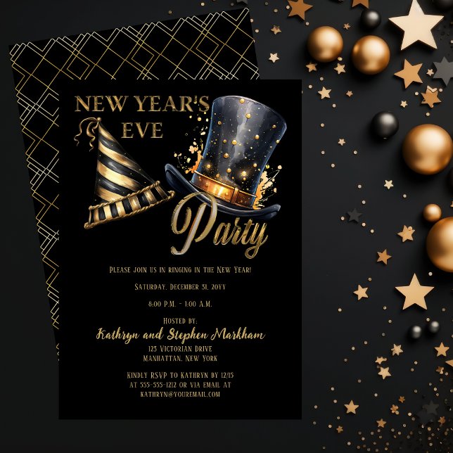 Invitation Casquettes de fête Soirée Noire et Or (Party Hats in Black and Gold Art Deco New Year's Eve Party Invitation)