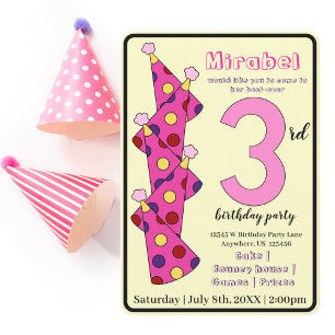 Invitation Casquettes de la fête rose 3e anniversaire Enfants