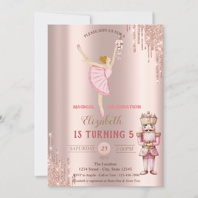 Invitation Casse-Noisette Ballerine Élégant Gouttes Rose Doré (Devant)