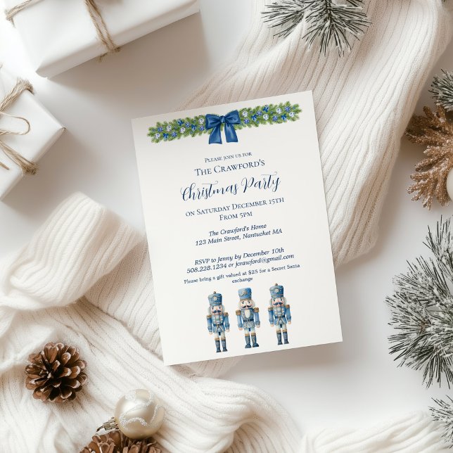 Invitation Casse-Noisette Bleu et Blanc Chinoiserie Noël  (Blue Nutcracker Christmas Party Invitation)