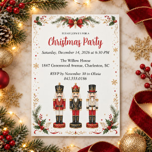 Invitation Casse-Noisette Botanique Fête de Noël en Or Rouge