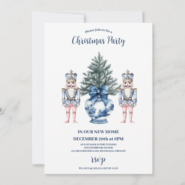 Invitation Casse-Noisette de Noël Bleu Chinoiserie (Devant)