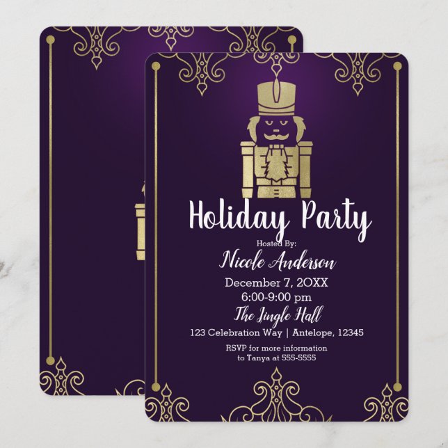 Invitation Casse-noisette élégant doré violet Fancy pour fête (Devant / Derrière)