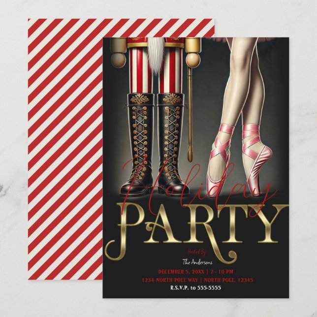 Invitation Casse-Noisette et Ballerine Fête de Noël Noir Or (Devant / Derrière)