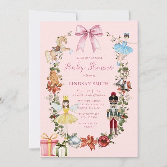 Invitation Casse-noisette rose avec Baby shower à mâchoires (Devant)