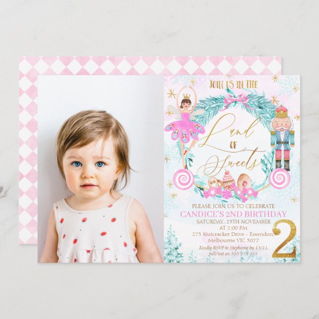 Invitation Casse-noix de couronne Terre de sucreries 2e anniv (Devant / Derrière)